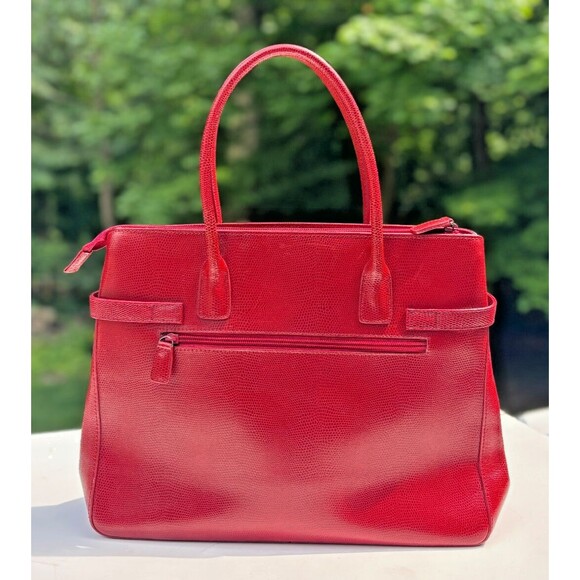 M London Red Leather Snakeskin Like Embossed Leather Purse Tote Signature Lining - Picture 3 of 16